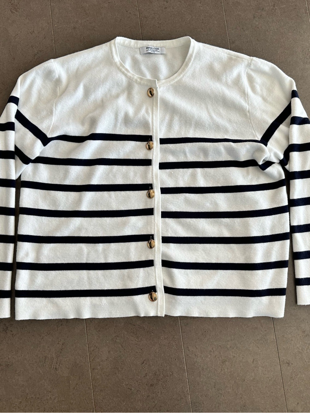 Jilly Box Smash + Tess White Cardigan with Navy Stripes & Gold Buttons M/L - Picture 11 of 15